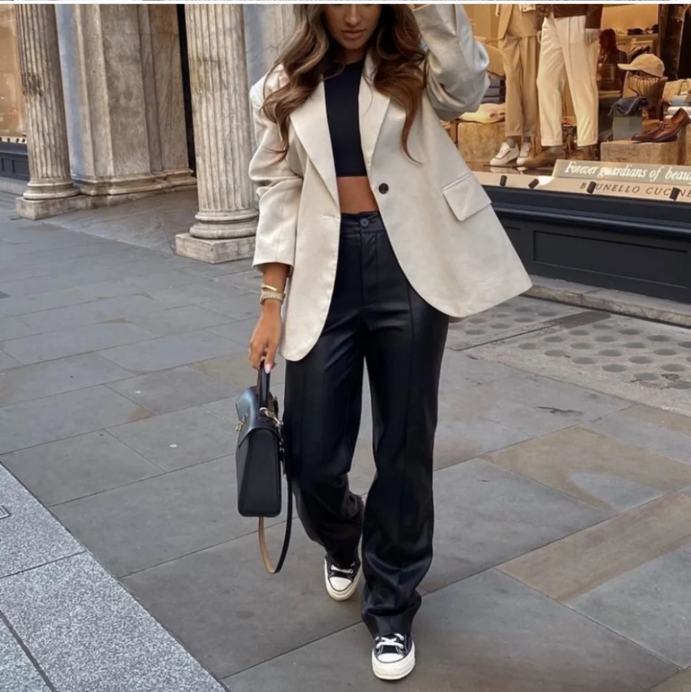 Zara * Faux Leather Straight Wide Full Length Pants - Picture 4 of 16